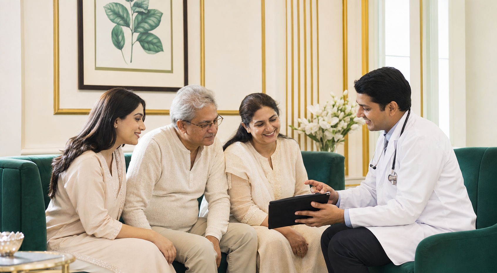 Family patient care consultation in a royal clinic setting